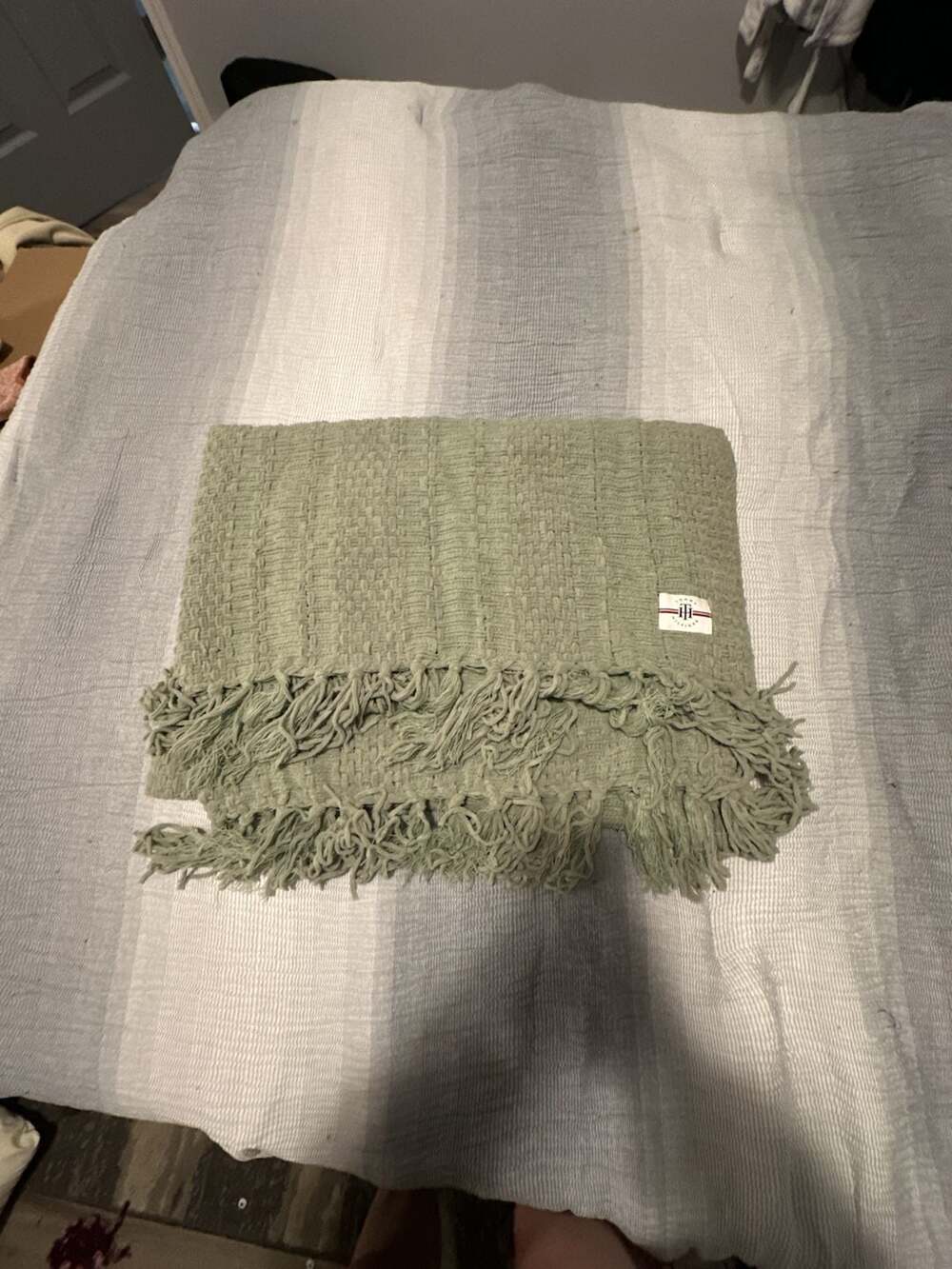 Tommy Hilfiger Sage Green Basket Weave Chenille Throw Blanket with Fringe
